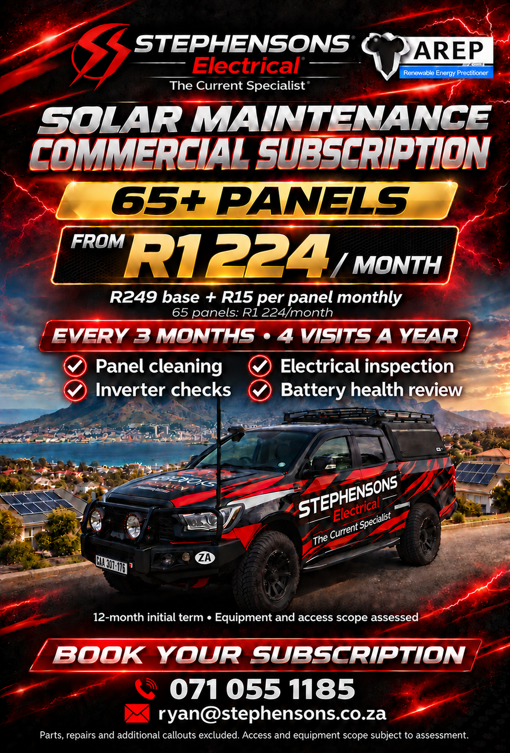 Commercial solar maintenance subscription: 65 panels upwards, from R1,224 per month, R249 base plus R15 per panel, four visits a year. Equipment and access scope assessed.