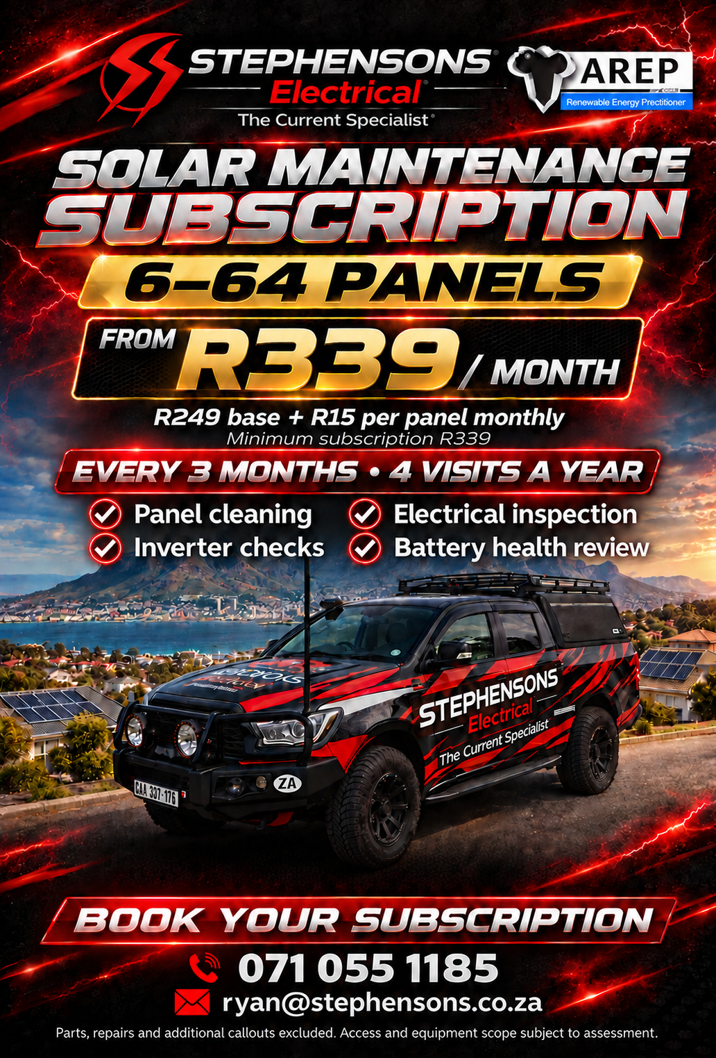 Stephensons Electrical current red, black and gold solar maintenance poster with branded vehicle, Table Mountain and AREP badge