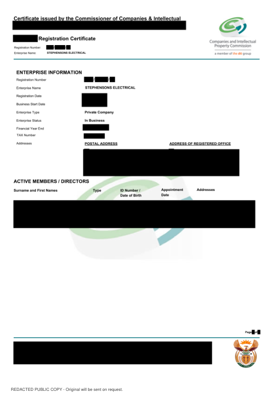 Redacted public copy of Company registration certificate