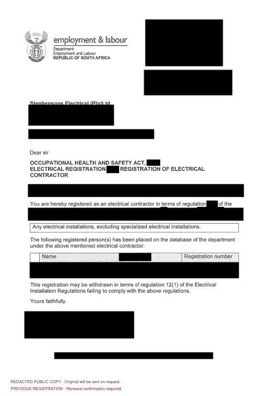 Redacted public copy of Electrical contractor registration