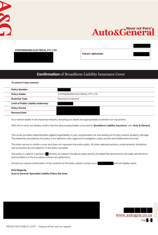 Redacted public copy of Public liability insurance