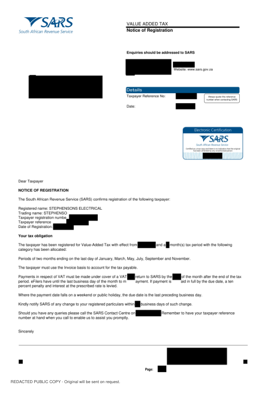 Redacted public copy of VAT registration certificate
