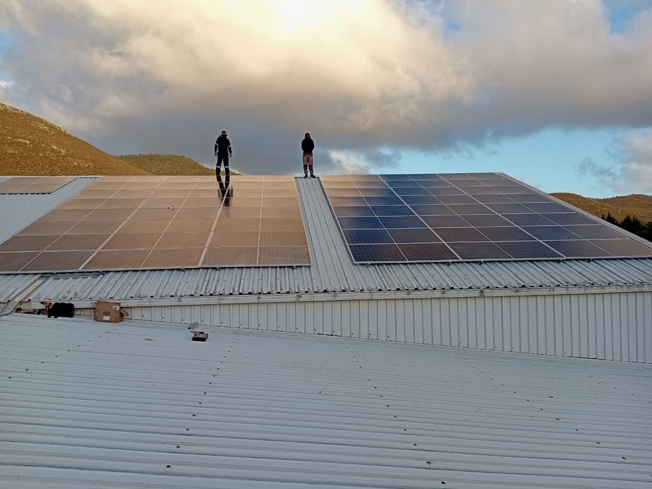 Wide view of two team members beside rows of roof-mounted solar panels